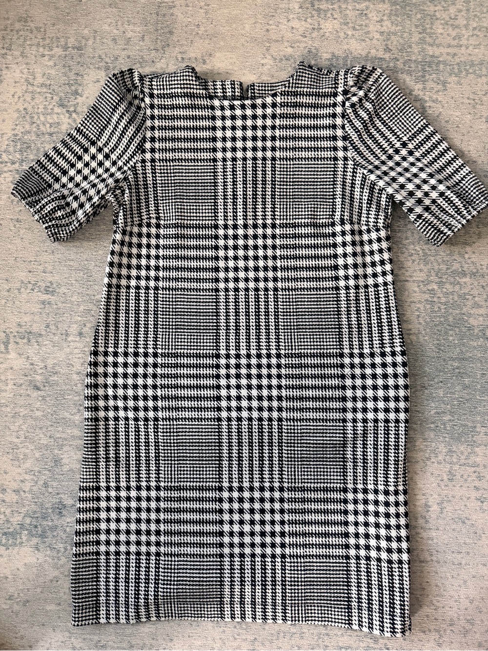 LOFT Glen Plaid Houndstooth Short Puff Sleeve Shift Dress Medium Black White (M)